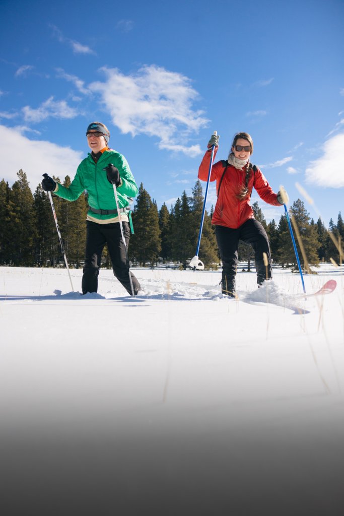 Two people snowshoeing.