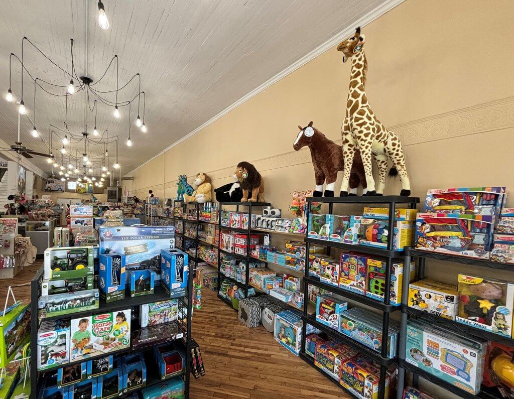 Shelves filled with toys at a toy store in Downtown Main Street Buffalo, Wyoming, an exciting place for kids and families to explore.