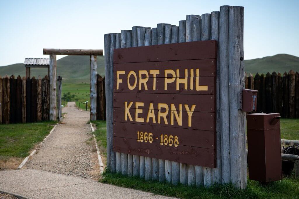 Explore one of the best things to do in Buffalo: Entrance sign of Fort Phil Kearny, reading 1866-1868.