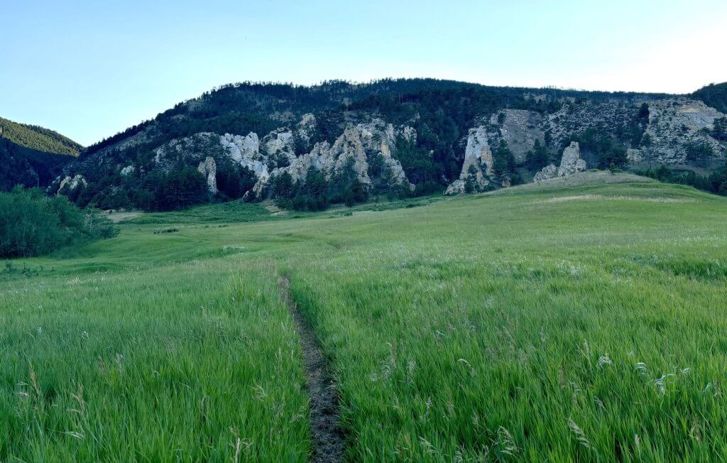 Hiking trail at Bud Love Wildlife Habitat Management Area leading through a grassy field toward a canyon along North Sayles Creek and climbing to Firebox Park.