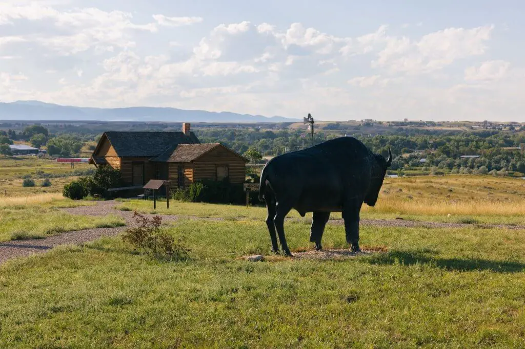 Mountain Plains Heritage Park, one of the historical sites and places to hike in Buffalo, Wyoming, featuring a bison statue and a rustic cabin against the backdrop of the Bighorn Mountains.