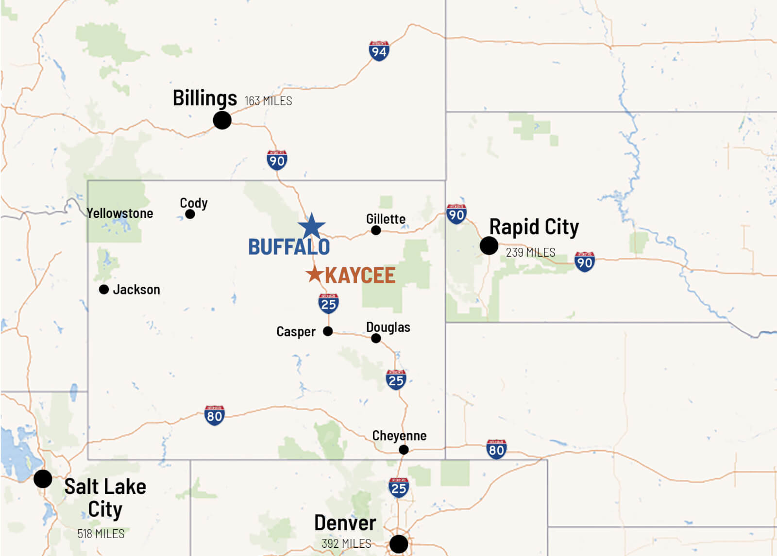 Map showcasing Buffalo and Kaycee, Wyoming, with proximity to major cities like Billings, Denver, Salt Lake City, and Rapid City, highlighting accessibility for meeting venues and events.