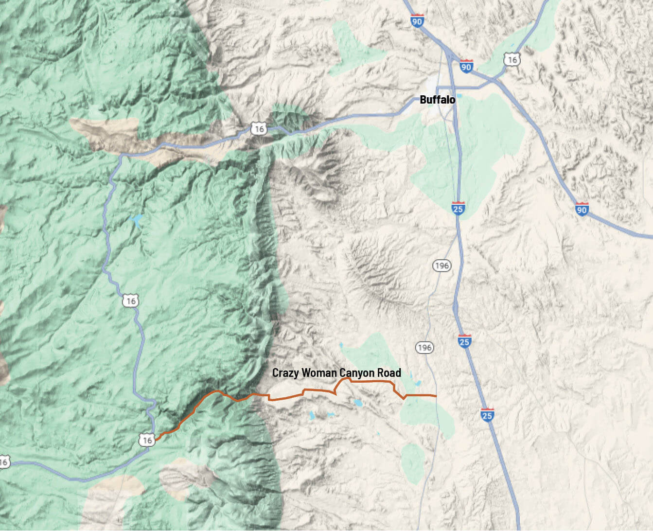 Origins of Crazy Woman Canyon Map showing the route of Crazy Woman Canyon Road from Buffalo, Wyoming, into the Bighorn Mountains.