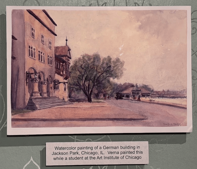 A watercolor painting of a German building in Jackson Park, Chicago, created by Verna Keays while she was a student at the Art Institute of Chicago.